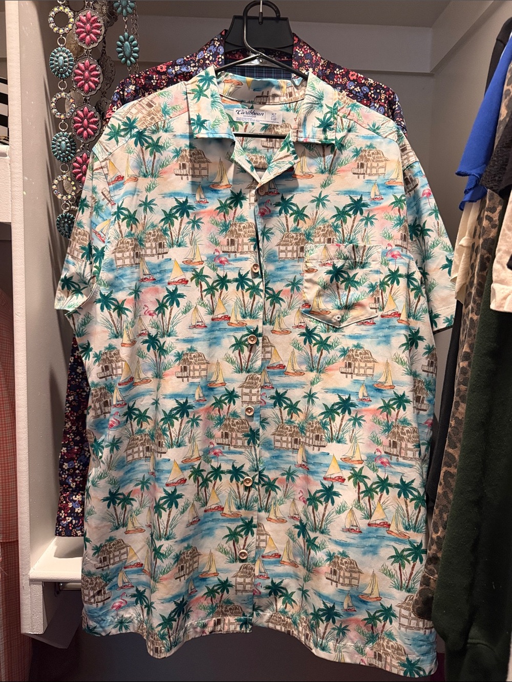 Caribbean Tropical Palm & Sailboat Camp Shirt - White, Teal, Blue, Tan